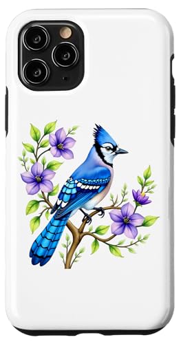 Hülle für iPhone 11 Pro Lebendiger blauer Jay mit lila Blumen und Grün von Birdsnstuff (Anjeanette Hail)