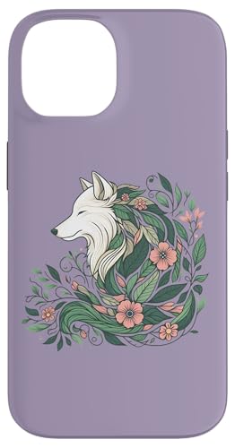 Hülle für iPhone 14 Botanisches Wolf-Design mit Blumenranken und weichen Farben von Birdsnstuff (Anjeanette Hail)