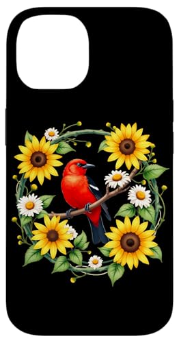 Hülle für iPhone 14 Scarlet Tanager Vogel mit Sonnenblumen- und Gänseblümchen-Kranz-Design von Birdsnstuff (Anjeanette Hail)