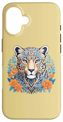 Hülle für iPhone 16 Boho Leopard mit blauen und orangen Blumen Natur Design von Birdsnstuff (Anjeanette Hail)