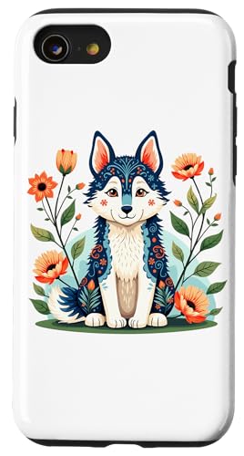 Hülle für iPhone SE (2020) / 7 / 8 Husky mit Blumenmuster und Orangenblüten von Birdsnstuff (Anjeanette Hail)