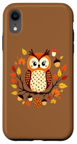 Hülle für iPhone XR Herbsteule mit Herbstblättern und Eicheln, von der Natur inspirierte Kunst von Birdsnstuff (Anjeanette Hail)