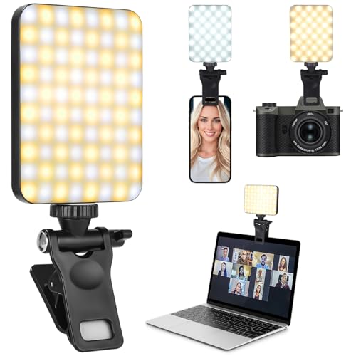 Selfie Licht mit Clip, 80 LED Videolicht Dimmbare, 3000-6500K 3 Lichtmodi und Helligkeit, Eingebauten Rechargeable Akkus CRI 95+, Led Videokonferenz Leuchte für Phone, iPhone, Android, iPad, Laptop von Birshe