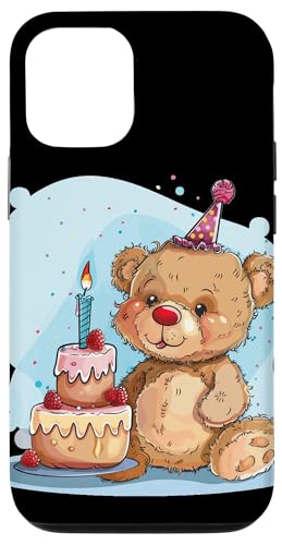 Hülle für iPhone 14 Pro Stylischer Teddybär mit Partyhut und Torte für einen Party-Look von Birthday Teddy Bear Outfit