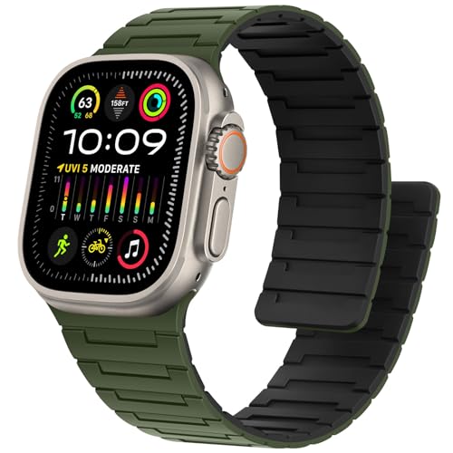 Bisikor Kompatibel mit Apple Watch Armband 49/46/45/44/42/41/40/38mm Silikon Starker Magnet Sport Ersatzband für iWatch Ultra2 SE Serie 10 9 8 7 6 5 4 3 (42/44/45/46/49, Armeegrün/Schwarz) von Bisikor