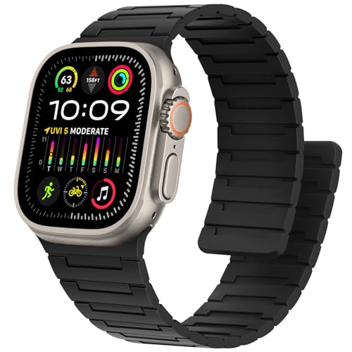 Bisikor Kompatibel mit Apple Watch Armband 49/46/45/44/42/41/40/38mm Silikon Starker Magnet Sport Ersatzband für iWatch Ultra2 SE Serie 10 9 8 7 6 5 4 3 (42/44/45/46/49, Schwarz) von Bisikor