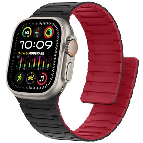 Bisikor Kompatibel mit Apple Watch Armband 49mm 45mm 44mm 42mm 41mm 40mm 38mm Silikon Starker Magnet Sport Ersatzband für iWatch Ultra2 SE Serie 9 8 7 6 5 4 3 (42/44/45/49, Schwarz/Rot) von Bisikor