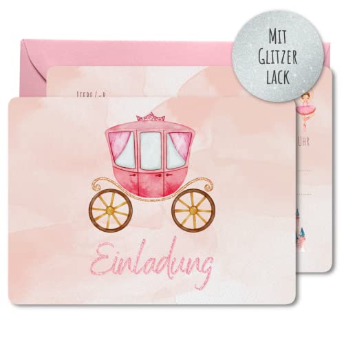 12x Glitzer EINLADUNGSKARTEN +Umschläge (rosa) für PARTY und KINDERGEBURTSTAG - die Karten im rosa Glitzer Prinzessin Design sind die EINLADUNG für Mädchen Kinder zum GEBURTSTAG und KINDERPARTY von Bizzico