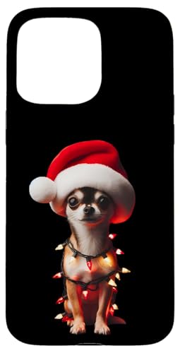 Hülle für iPhone 15 Pro Max Schwarzer Chihuahua mit Weihnachtsmannmütze, Weihnachtsbeleuchtung, Hundebesitzer von Black Chihuahua Christmas Products