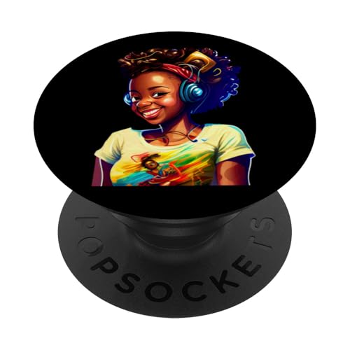 Schönes schwarzes Mädchen mit Kopfhörern Musik lächelnd süß PopSockets Klebender PopGrip von Black History Month Afro Queen and King Apparel