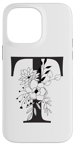 Hülle für iPhone 14 Pro Max Schöner schwarzer Buchstabe T Blumen Initiale Floral Monogramm von Black White Monogram Home Décor