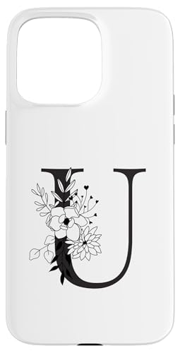 Hülle für iPhone 15 Pro Max Schöner schwarzer Buchstabe U Blumen Initiale Floral Monogramm von Black White Monogram Home Décor