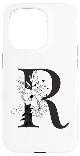 Hülle für iPhone 15 Pro Schöner schwarzer Buchstabe R Blumen Initiale Floral Monogramm von Black White Monogram Home Décor