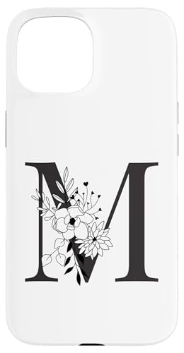 Hülle für iPhone 15 Schöner schwarzer Buchstabe M Blumen Initiale Floral Monogramm von Black White Monogram Home Décor