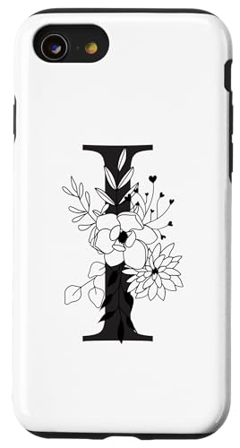 Hülle für iPhone SE (2020) / 7 / 8 Schöner schwarzer Buchstabe I Blumen Initiale Floral Monogramm von Black White Monogram Home Décor