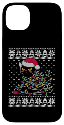 Hülle für iPhone 14 Plus Weihnachtsmann-Katze, Weihnachtsbeleuchtung, klebriger Weihnachtspullover Katze von Black cat ugly sweater