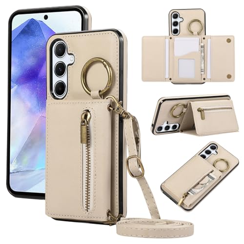 Blapinred Schutzhülle für Galaxy A35 5G, Crossbody-Schutzhülle mit Kartenhalter, Schulterband, Handy-Brieftasche, Reißverschluss, Leder, Ringhalter, Ständer, für Galaxy A35 5G, Weiß von Blapinred