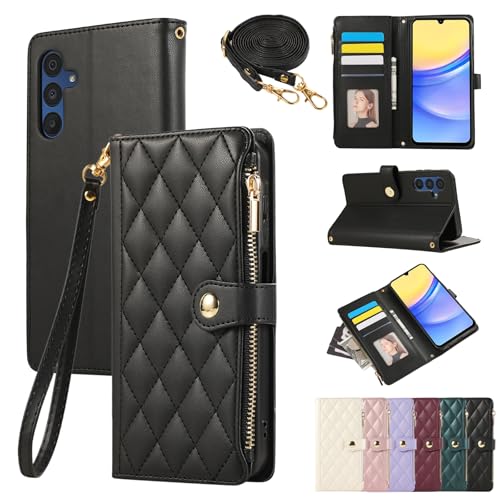 Blapinred Schutzhülle für Galaxy A71 5G, mit Kartenhalter, Handschlaufe für Damen, Schulterband, Reißverschluss, Leder, Geldbörse, Ständer, Handy-Brieftasche, Schutzhülle für Galaxy A71 5G, Schwarz von Blapinred