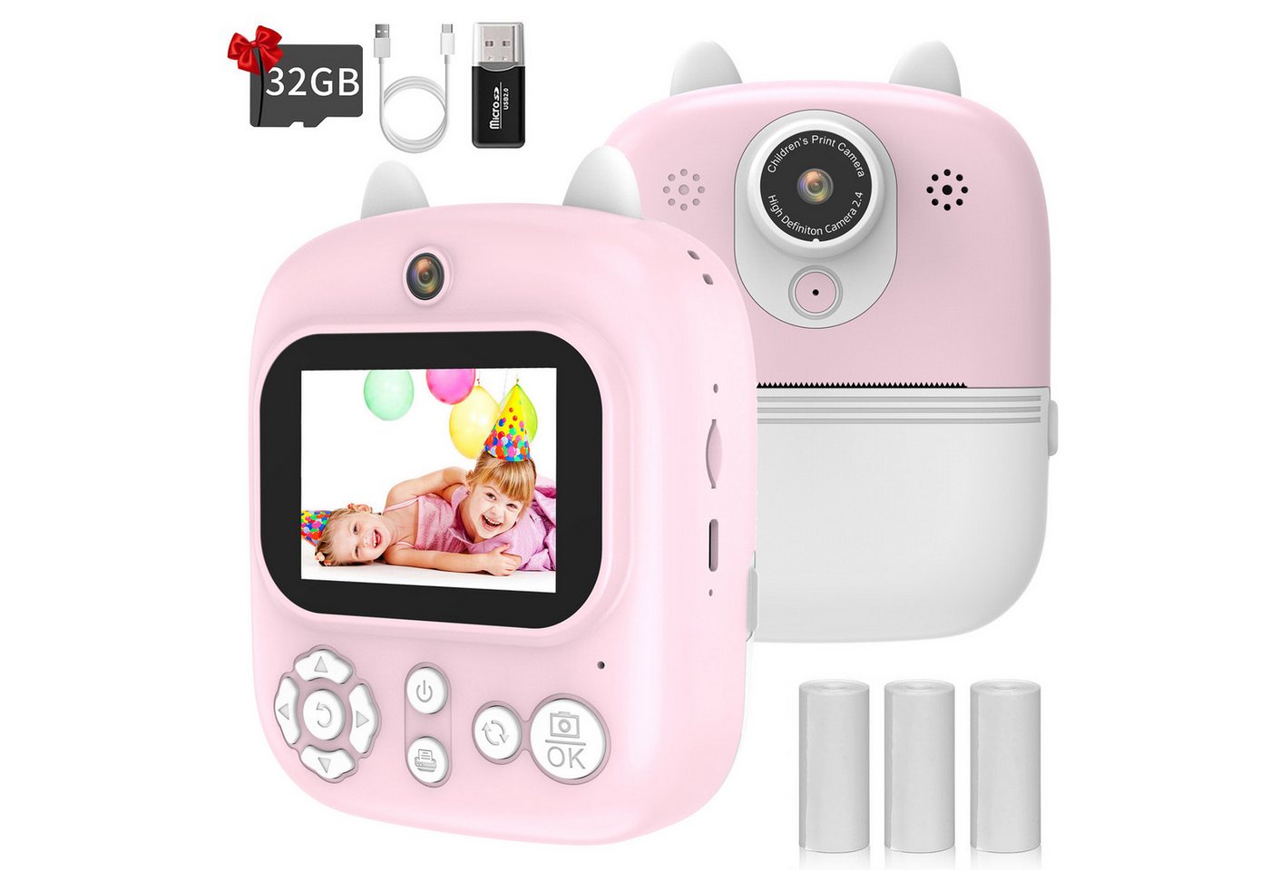 BlingBin Kinderkamera, Sofortbildkamera Kinder 1080P Fotokamera Sofortbildkamera (12 MP, 8x opt. Zoom, inkl. 1tlg, mit 32GB Karte 3 Rollen Druckpapier für Kinder 3-12 Jahren) von BlingBin