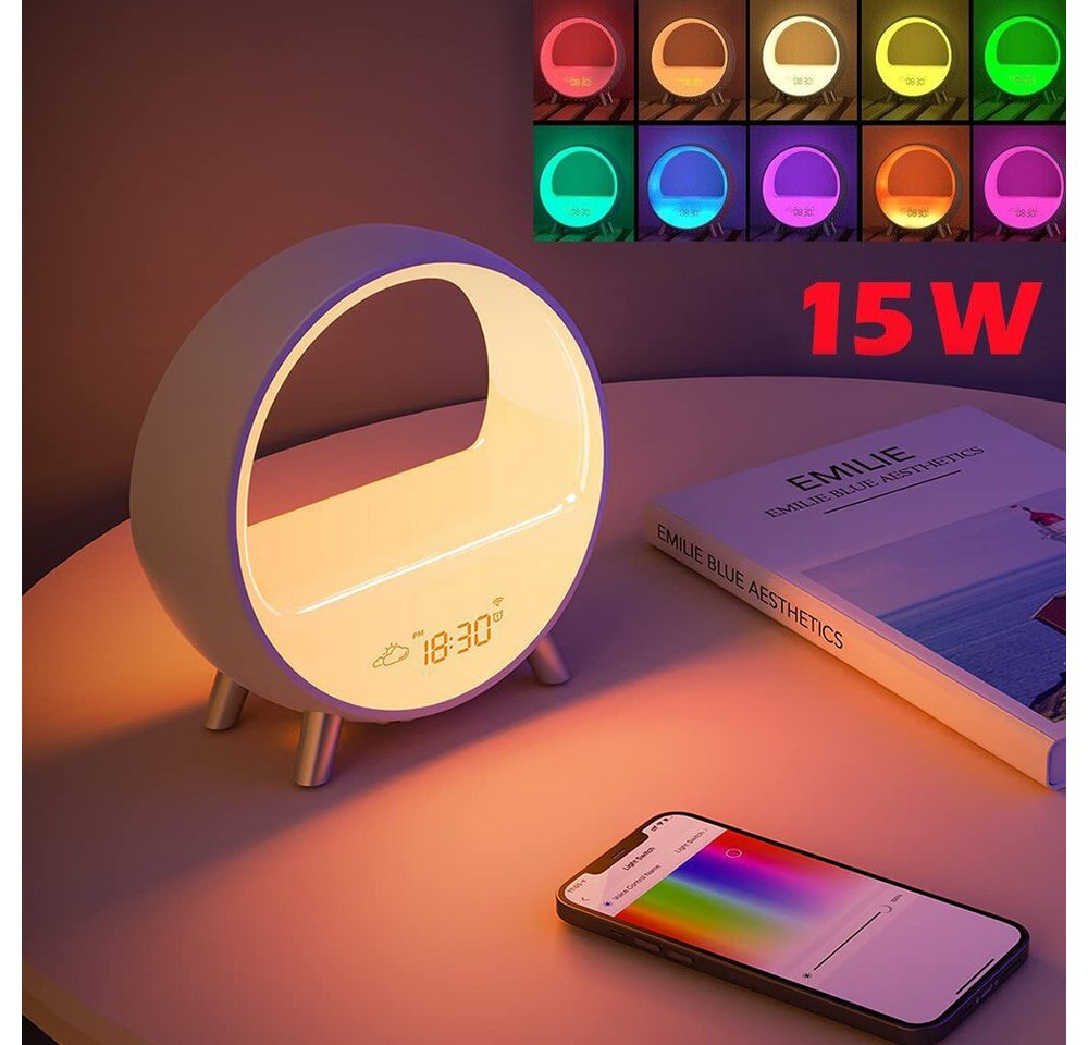 BlingBin LED Atmosphärenlicht Wecklicht Bluetooth Lautsprecher Uhr Nachtlicht Surround-Lautsprecher (Atmosphärenlampe mit 15W Wireless Charger 9 Light Mode APP Steuerung) von BlingBin