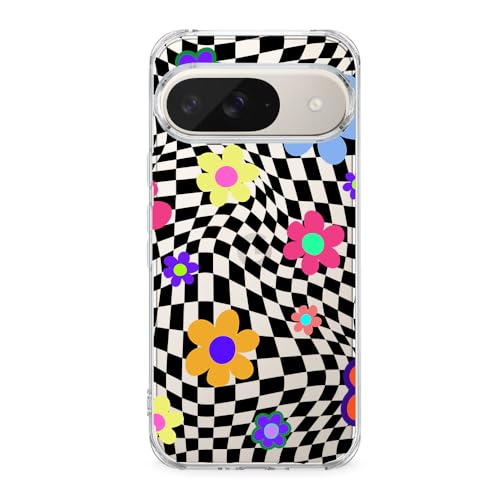 Blingy's Schutzhülle für Google Pixel 9, Hippie-Retro-Blumenmuster, grooviges Design, transparent, weiches TPU, transparent, kompatibel mit Google Pixel 9 16 cm (6,3 Zoll), kariertes Blumenmuster von Blingy's