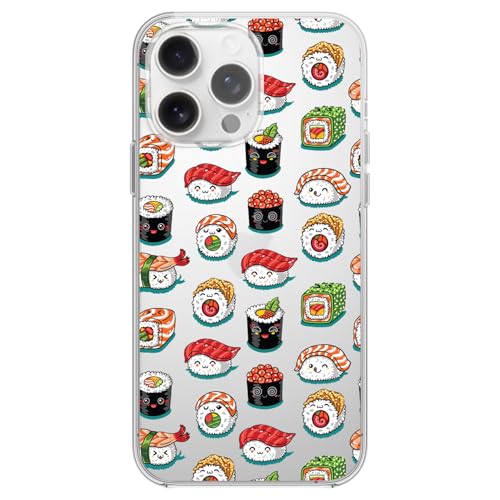 Blingy's Schutzhülle für iPhone 16 Pro, lustiges Sushi-Muster mit niedlichen Emojis, lustiges Cartoon-Lebensmittel-Design, transparent, weiches TPU, 16 cm (6,3 Zoll) (lustiges Sushi) von Blingy's