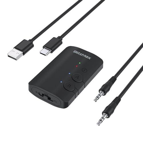 Adapter Transmitter Bluetooth 5.3, 2-in-1 Bluetooth Sender Klinke 3,5 für TV auf 2 Kopfhörer, Niedrige Aptx-Latenz, Bluetooth Receiver für Flugzeug/Stereoanlage/Laufband/Auto, Schwarz von BlitzMax