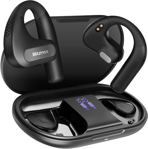 BlitzMax Open Ear Kopfhörer Bluetooth 5.3, Leichte Kabellose SportKopfhörer Ohrhörer, Verstärkter Bass mit Zwei, 60-Stunden-Betrieb LED-Anzeige Einstellbare Lautstärke für Sport, Fahren, Gehen von BlitzMax