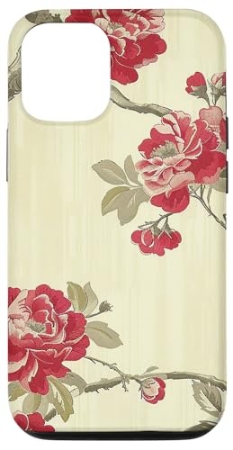 Hülle für iPhone 14 Pro Chinoiserie-rotes Blumenmuster von Blühende Blumenmuster