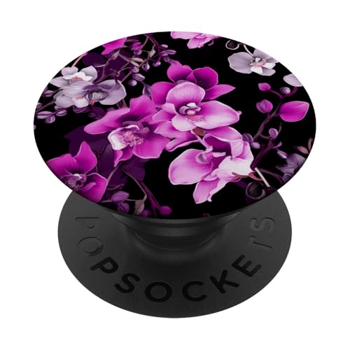 Rosa und lila Orchideen-Blumen auf schwarzem, hübschem PopSockets mit austauschbarem PopGrip von Blühende Blumenmuster