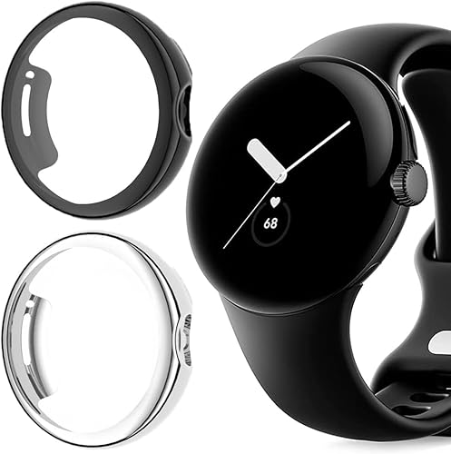 Blueshaweu Schutzhülle Kompatibel mit Google Pixel Watch 3, Flexibles TPU Vollschutz mit schutzfolie Kratzfest Hülle Für Pixel Watch 1/2/ 3 41mm/3 45mm (schwarz+Silber, Watch 1/2/3 41mm) von Blueshaweu