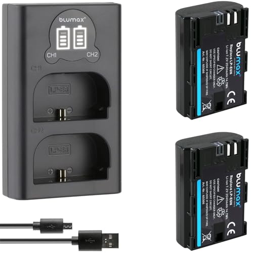 2X blumax Akku Ersatz für Canon LP-E6N [ 2040mAh ] + Mini Dual Charger LP-E6NH LP-E6 -/- für Canon EOS R R5 R6 II R7-5D Mark III IV - 6D 7D 80D 90D von Blumax