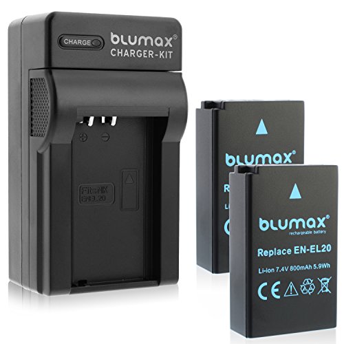 Blumax 2X EN-EL20 800mAh + Ladegerät EN-EL20 | passend zu Nikon DL 24-500 1 AW1 J1 J2 J3 S1 V3 COOLPIX A - Blackmagic Pocket Cinema von Blumax
