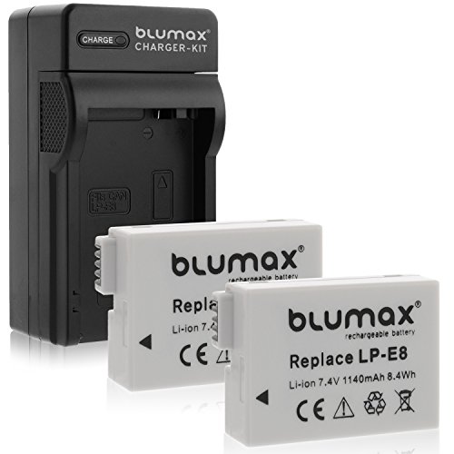 Blumax 2X Kamera Akku für Canon LP-E8 Ladegerät für Canon Kamera LP-E8 Akku inkl. Netzteil und Stecker fürs Auto von Blumax