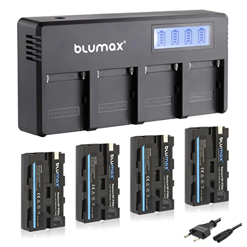 Blumax 4X Akku NP-F550 / NP-F570-2400mAh+ LCD 4-Kanal Schnell-Ladegerät | kompatibel mit Sony NP-F530 NP-F960 für Blitzgeräte Videoleuchten Fieldmonitore von Blumax