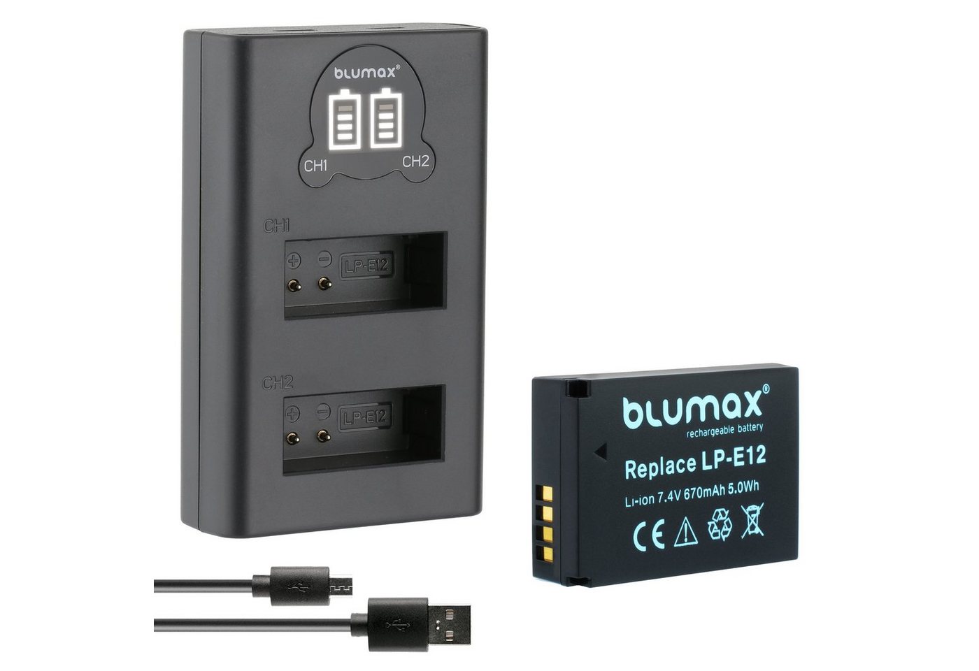Blumax Akku + Lader für Canon LP-E12 670 mAh (7,2V) Kamera-Ladegerät von Blumax