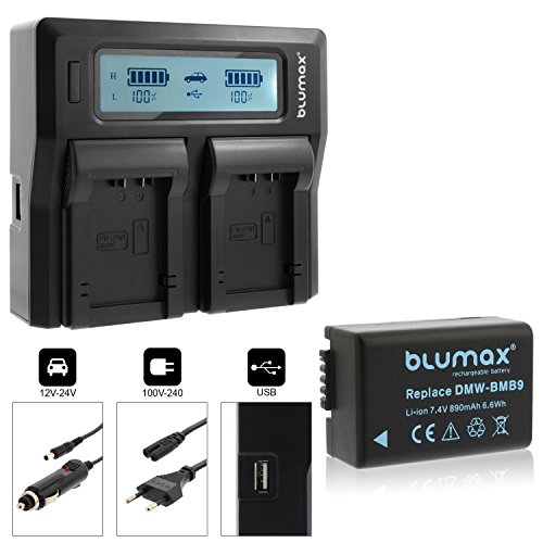 Blumax Akku ersetzt Panasonic DMW-BMB9 / DMW-BMB9E 890mAh + Doppel-Ladegerät | kompatibel mit Panasonic Lumix DMC-FZ40-FZ45-FZ47-FZ48-FZ60-FZ62-FZ70-FZ72-FZ100-FZ150 Leica V-LUX 2/3 von Blumax