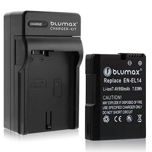 Blumax Akku für Nikon EN-EL14 / EN-EL14a 950mAh + Ladegerät für EN-EL14 / EN-EL14a | passend zu Nikon DF-D3100-D3200-D3300-D3400-D5200-D5300-D5400-D5500 | Coolpix P7000-P7100-P7700-P7800 von Blumax