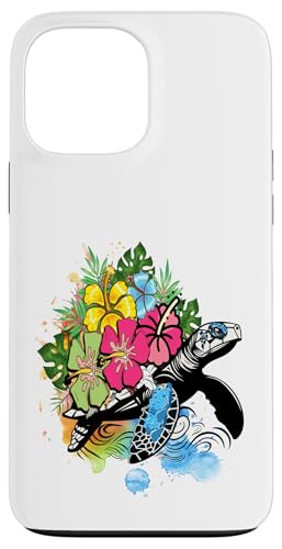 Hülle für iPhone 13 Pro Max Frauen Florla Hibiscus mit Schildkröte lustige Schildkröte von Blumen-Boho-Grafiken für Damen