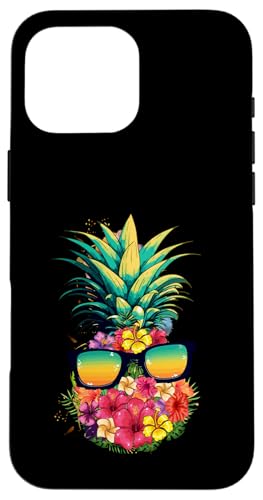 Hülle für iPhone 16 Pro Max Hawaiianische Hibiskus-Tropen-lustige Blumen-Ananas-Grafiken von Blumen-Boho-Grafiken für Damen