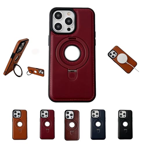 BnMvF Leonaw Leder Handyhülle für iPhone, Full Coverage Shockproof Leder Magnetic Holder Handyhülle für iPhone, Leonaw Magnetic Phone Case, Lederhülle mit Ständer (12 Pro,Rot) von BnMvF