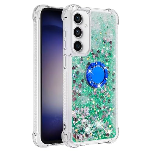 Bnvdfre Handyhülle für Samsung A55 Hülle Glitzer 3D Bling Sparkle Treibsand Fließende Flüssigkeit TPU mit Rotating Ring Ständer Stoßfest Schutzhülle Case für Samsung Galaxy A55 - Green Heart von Bnvdfre