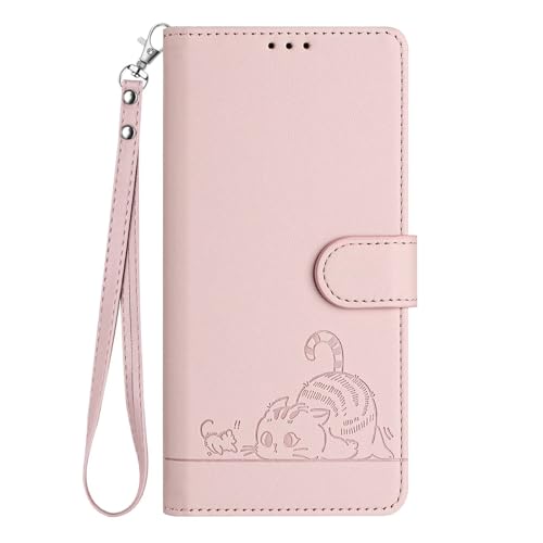 Bnvdfre Handyhülle für Samsung Galaxy A55 5G Hülle Leder Katze Muster Motiv [RFID Schutz][Standfunktion][Kartenfächern] Klappbar Flip Stoßfeste Wallet Case Cover für Samsung A55 5G - Rosa von Bnvdfre