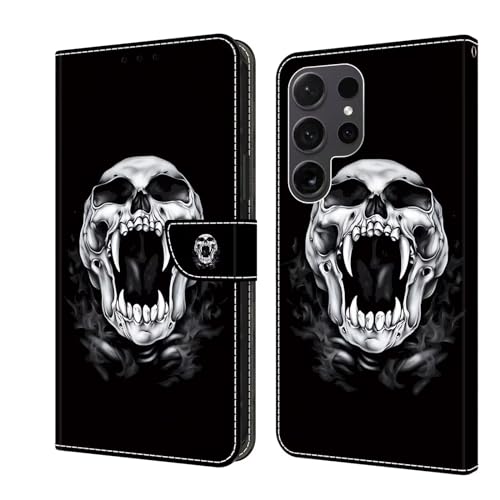 Bnvdfre Handyhülle für Samsung Galaxy S24 Ultra Klapphülle PU Leder Hülle Magnet Stoßfeste Kartenfach Klappbar Schutzhülle Silikon Case Cover mit Muster Motiv Flip Handytasche - Totenkopf von Bnvdfre