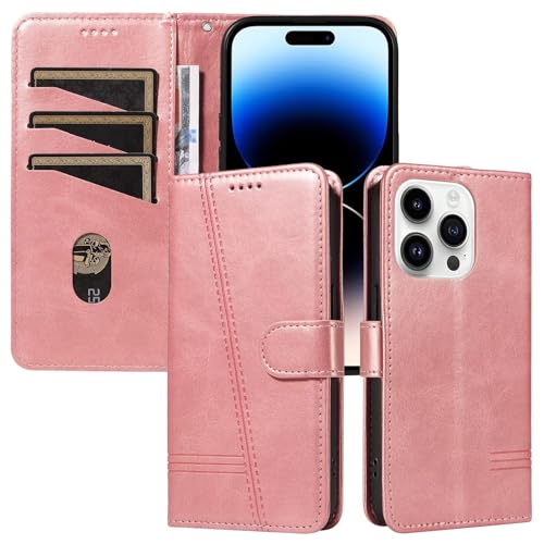 Bnvdfre Handyhülle für iPhone 16 Pro Hülle Leder Klapphülle [3 Kartenfach] [Magnetverschluss] [Standfunktion] Schutzhülle TPU Stoßfest Cover Case - Roségold von Bnvdfre