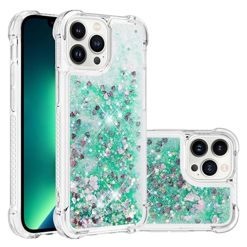 Bnvdfre Handyhülle für iPhone 16 Pro Max Hülle Silikon Durchsichtig Transparent Flüssig Glitzer Treibsand TPU Stoßfest Schutzhülle Case für iPhone 16 Pro Max - Green Heart von Bnvdfre