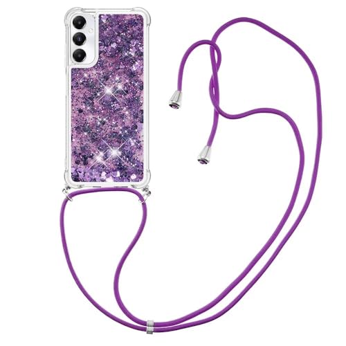 Bnvdfre Handykette für Samsung Galaxy A25 5G Hülle mit Band, Handyhülle Silikon Durchsichtig Transparent Floating Flüssig Glitzer mit Kordel Umhängenband TPU Stylische Schutzhülle Case - Purple Heart von Bnvdfre