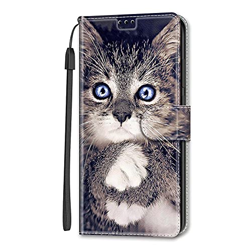 Bnvdfre Hülle für Motorola Moto G34 5G Hülle Leder Etui Flip Handytasche Schutzhülle Kartenfach Klappbar Magnetisch Wallet Hüllen Case für Motorola G34 -blauäugige Katze von Bnvdfre