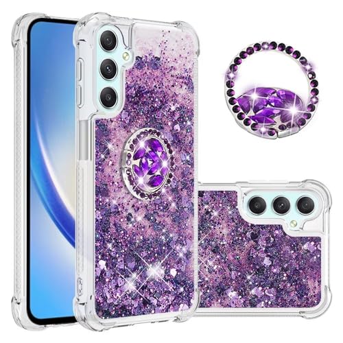 Handyhülle für Samsung S24 Ultra Hülle Glitzer 3D Bling Sparkle Treibsand Fließende Flüssigkeit TPU mit Rotating Ring Ständer Stoßfest Schutzhülle Case für Samsung Galaxy S24 Ultra - Purple Heart von Bnvdfre