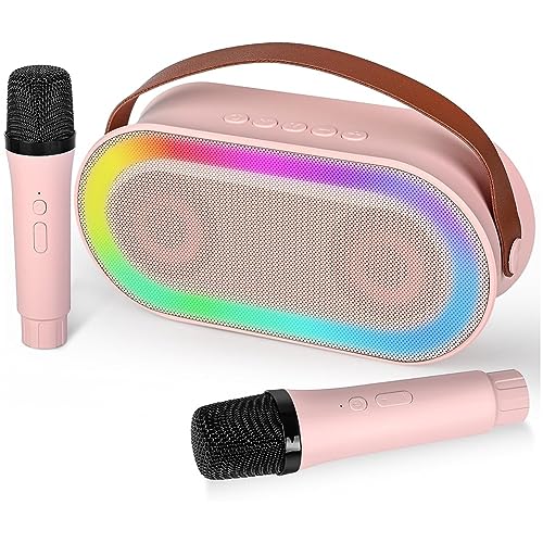 Boddceto Mini Karaokemaschine, Tragbares Bluetooth-Lautsprecher-Set mit 2 Kabellosen Mikrofonen mit LED-Lichtern (Pink), Langlebig. von Boddceto